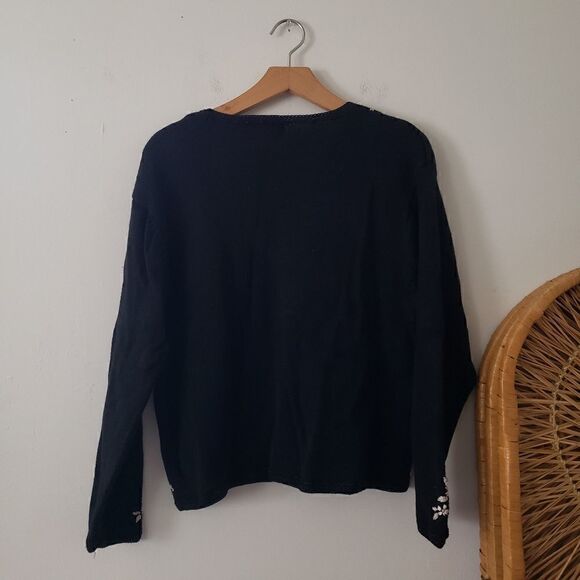 Vintage Worthington Embroidered Cardigan Sweater Black Cream Pink M Beaded - Picture 3 of 6